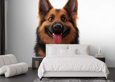 Happy German Shepherd dog lying beside a blue bowl of food on a white isolated background. Wall mural