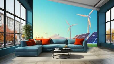 Illustration of wind turbines and solar panels in a green landscape under a bright blue sky. Wall mural