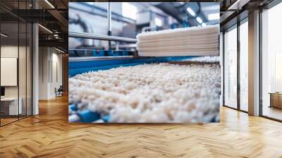 Macro shot of the paper cardboard being processed, visible fibers and water drainage, focus on the transition from pulp to solid sheet, industrial setup with stainless steel equipment, Highdetail, Pho Wall mural