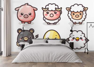 Meet the cutest farm friends with this delightful line set of a pig, cow, sheep, chicken, and a little egg, all showcasing round kawaii faces, ideal for engaging kids in learning about farm life, desi Wall mural