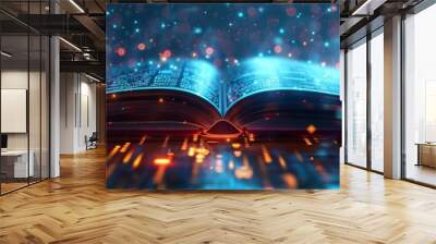 Open book with glowing digital text, futuristic and hightech, holographic pages, neon colors, cyberpunk atmosphere 8K , high-resolution, ultra HD,up32K HD Wall mural