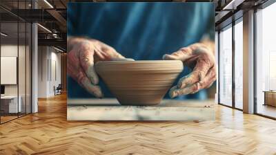 Person practicing a new craft skill at a workshop, Realistic, Natural and metallic hues, Detailed hands and materials Wall mural