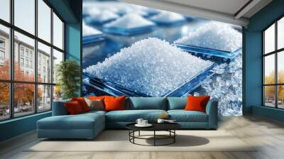 Piles of white sugar on glass plates, creating an artistic and mesmerizing display of texture and shine in a well-lit environment. Wall mural