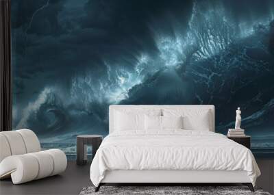 Powerful ocean storm with a massive wave towering over a lone figure on the beach, captured with dramatic lighting and detail, Digital Art, Dark, High Contrast 8K , high-resolution, ultra HD,up32K HD Wall mural