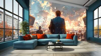 Professional man in a bustling airport, blue suit, digital fantasy art, bright colors, high detail, dynamic and vibrant Wall mural