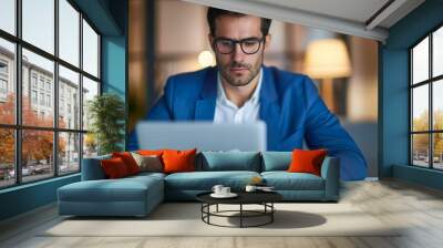 Realistic real estate agent preparing contracts at a desk, reviewing documents and using a laptop, organized office, bright lighting, sharp clarity Wall mural