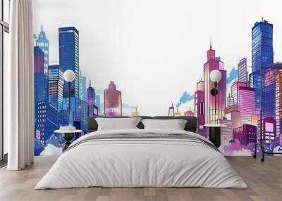 Sunrise over skyscrapers, architectural geometric pattern, perspective graphic painting for corporate brochure template Wall mural