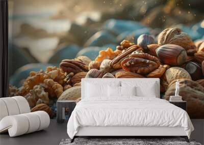 The assortment of nuts invites the viewer to imagine the textures and flavors of each, highlighting the variety and richness of nature 8K , high-resolution, ultra HD,up32K HD Wall mural