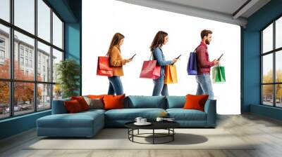 Three people walking with shopping bags and smartphones, enjoying a vibrant shopping experience in a modern environment. Wall mural