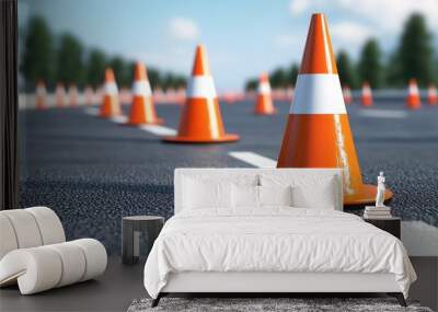 Traffic cones arranged on a road, warning of construction ahead on a clear day. Wall mural