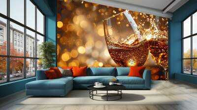 Wine glasses clinking with a splash of liquid gold, luxurious setting, dark background, high contrast, vintage style 8K , high-resolution, ultra HD,up32K HD Wall mural