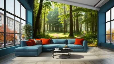 The pleasant green forest field with beautiful sunlight. Wall mural