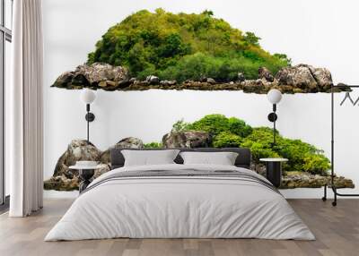 Tropical Island Escapes: Lush green foliage adorns rocky outcrops, offering serene isolation against a pristine white backdrop.  Wall mural