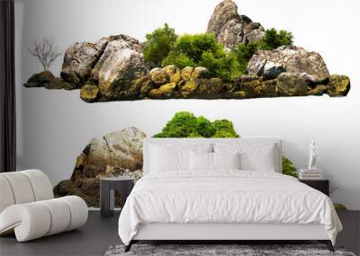 Tropical Island Escapes: Lush green foliage adorns rocky outcrops, offering serene isolation against a pristine white backdrop.	 Wall mural