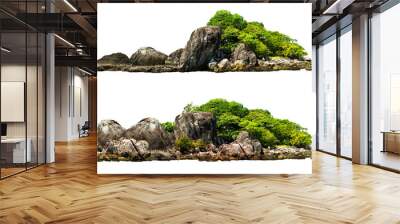 Tropical Island Escapes: Lush green foliage adorns rocky outcrops, offering serene isolation against a pristine white backdrop.	 Wall mural