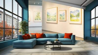 A bright art gallery showcasing beautiful watercolor paintings on white walls, inviting viewers to appreciate artistic expression. Wall mural