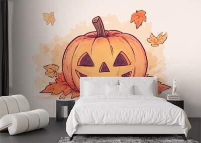 A cheerful Halloween pumpkin surrounded by colorful autumn leaves, perfect for seasonal decorations and festive designs. Wall mural