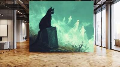 A mysterious black cat gazes at ethereal ghosts in a foggy landscape, blending an aura of magic and intrigue. Wall mural