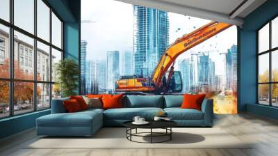 A vibrant construction scene featuring an excavator amidst urban skyscrapers, showcasing modern engineering and progress. Wall mural