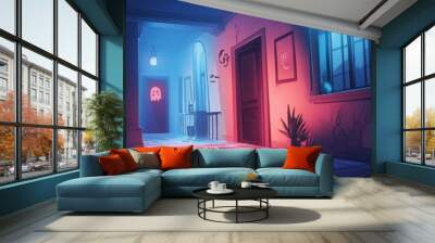 A vibrant hallway illuminated by cool blue and warm red lights, featuring modern decor and a plant, creating a unique atmosphere. Wall mural