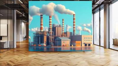 A vibrant industrial scene featuring a smokestack factory emitting clouds into the blue sky, reflecting on calm water. Wall mural