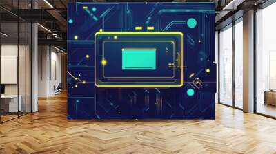 Abstract digital circuit board with glowing elements and a central processor, ideal for technology and innovation themes. Wall mural