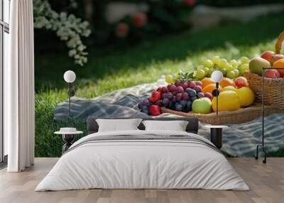 A picnic blanket on green grass with fresh fruit  Wall mural