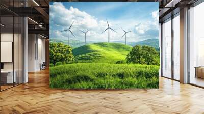 wind turbines generating energy in a modern green landscape Wall mural