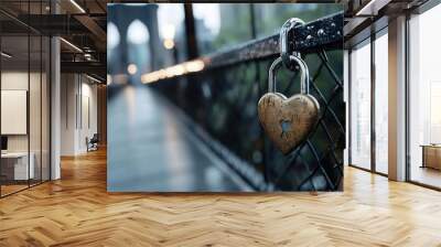 A heartshaped lock with a couple s initials engraved, hanging on a bridge, symbol of love, romantic gesture Wall mural