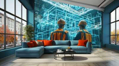 A professional construction team using augmented reality to visualize the building process onsite, Industrial, 3D rendering, Realistic colors, Advanced construction technology Wall mural