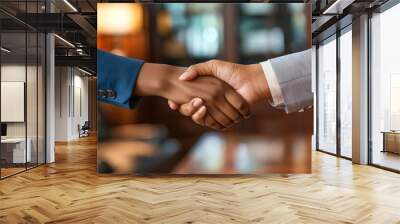 Businesswoman shaking hands with a client in a formal office environment Wall mural