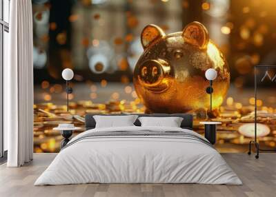 Golden piggy bank with scattered money, secure savings concept Wall mural