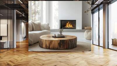 Photo of Wood slab coffee table, sofa with beige pillows near fireplace against white wall with copy space. Scandinavian home interior design of modern living room. Wall mural