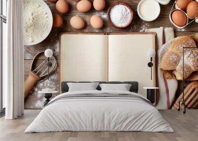 Wooden table with an open recipe book and baking ingredients, wooden table, culinary inspiration Wall mural