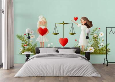 Two women holding hearts symbolize love and balance, surrounded by flowers and greenery, representing harmony and morality in whimsical setting Wall mural