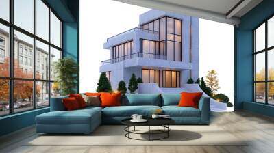 Modern architectural design featuring a stylish house with large windows, landscaped garden and elegant steps isolate on transparency background Wall mural