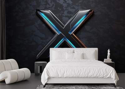 A sharp-edged 'X' symbol made of sleek metal, glowing softly with neon blue light Wall mural