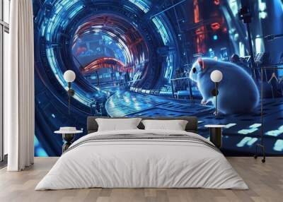 Futuristic illustration of a cat and mouse in a digital aquarium, featuring a blue design with circular patterns and technology elements Wall mural