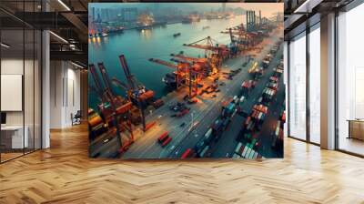 Aerial view of vibrant ports and airports, hubs for global species transportation. AI generative. Wall mural