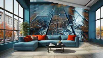 Detailed view of vinyl and wood floor, plastic surface with water. AI generative Wall mural