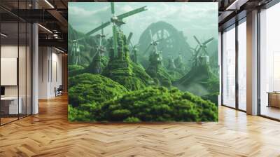 Eco-friendly windmill representing green technology and renewable energy, AI generative.. Wall mural