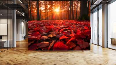 High angle shot of red Autumn leaves on the ground in a forest with trees on the back at sunset, AI Generative Wall mural