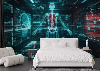 A holographic digital display of the human body with detailed anatomy, including bones and veins, set against an abstract background. Wall mural