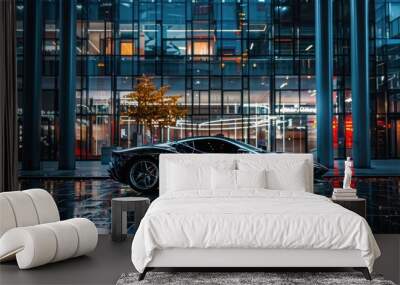 A sleek black sports car parked in front of a modern building, reflecting the city lights at night Wall mural