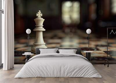 A white queen chess piece standing out on the board wide angle lens Wall mural