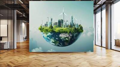 Alternative clean energy. Transition to environmentally friendly world concept. Ecology infographic. Green power production. Transition to renewable alternative energy. wide angle lens Wall mural