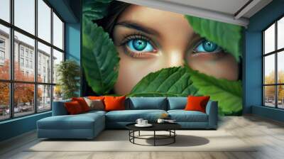 Beautiful woman's eyes with blue eye surrounded by leaves. Woman face on a leaf background in the jungle Wall mural