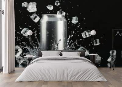 Empty aluminium can mockup with flying ice cubes Wall mural