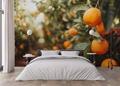 Fresh ripe oranges hanging on trees in orange garden Wall mural