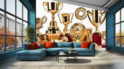 Golden Awards: Gold-plated trophies, medals and awards are symbols of achievement and success set against a white background. Wall mural